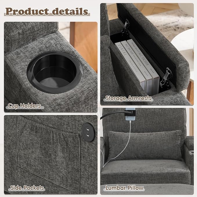 Small Chaise Lounge Chair Indoor with Ottoman&Adjustable Backrest,Chenille Tufted Recliner Comfy Sofa Chair with USB,Phone Holder&Storage Arms,Convertible Sleeper Couch Bed for Living Room(37"W,Grey)
