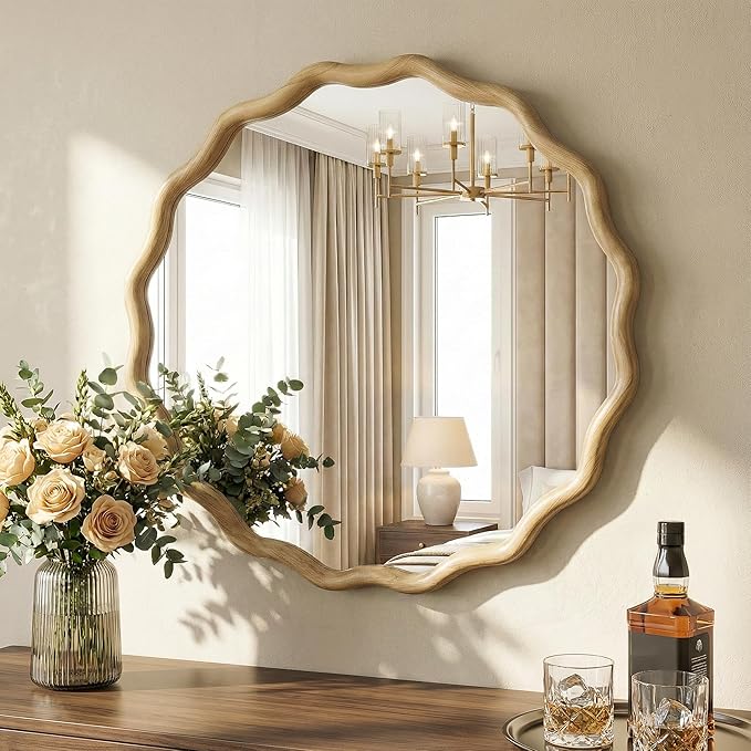 TRAHOME Round Wood Mirrors for Wall, 24" Boho Cirecle Wavy Mirror with Wooden Frame, Decorative Mirror with Tempered Glass, Natural Wooden Frame Vanity Mirror for Bedroom, Living Room, Entryway