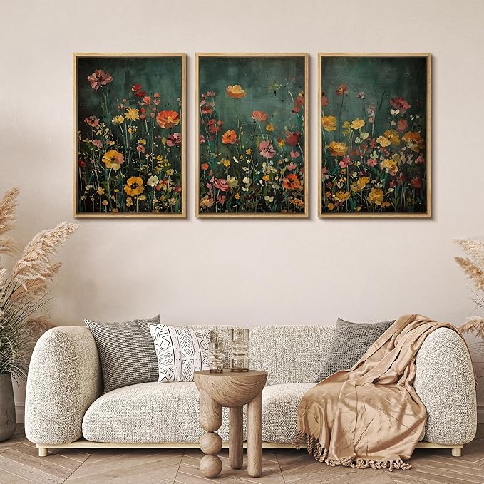 MUDECOR Framed Wall Art Print Set Vintage Wildflower Meadow with Colorful Blooms Illustrations Modern Art Boho Decorative Colorful Chic for Living Room, Bedroom, Office - 24"x36"x3 Natural