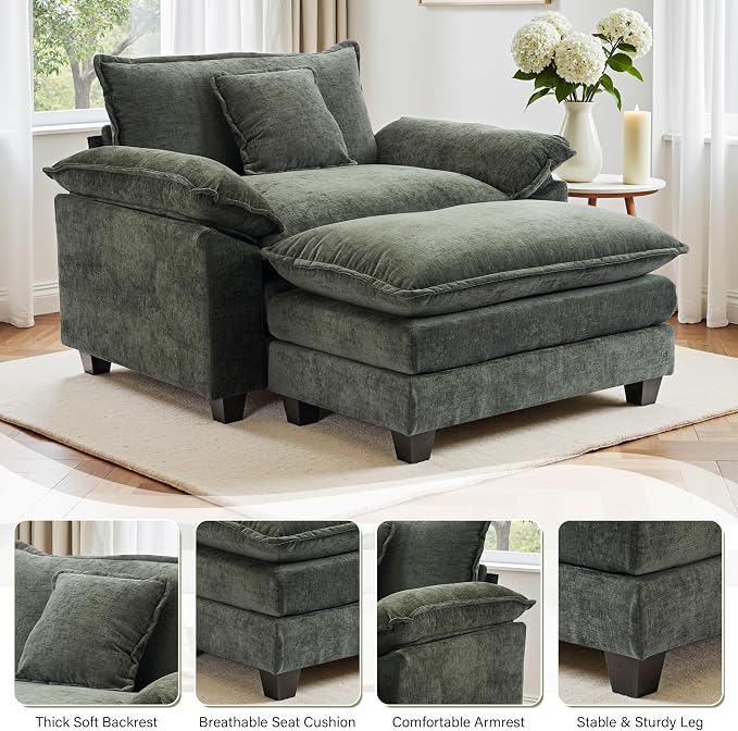 Winterstorm Chenille Oversized Chair with Ottoman - 44" W Large Comfy Accent Chair and Ottoman Set, Modern Single Cloud Chaise Lounge for Indoor Living Room (Green)