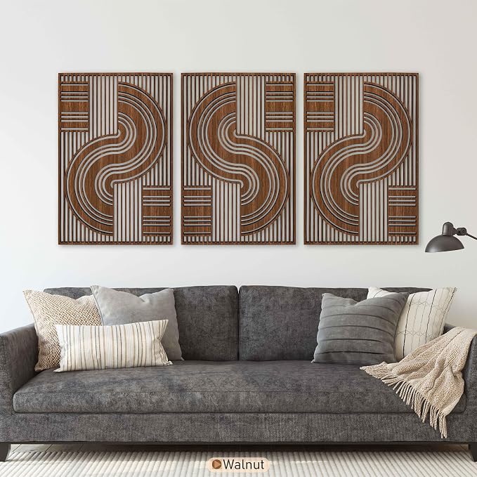 Boho Lines Wood Wall Art Set of 3, Mid Century Modern Geometric Balance Wooden Decor, Extra Large Abstarct Wall Panels, New Home Accent for Living Room and Bedroom