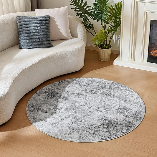 WITSHOCK 6ft Round Area Rug for Living Room: 6x6 Washable Neutral Modern Abstract Soft Thin Rug Indoor Floor No Slip Rug Carpet for Bedroom Under Dining Table Home Office Decor (Gray)