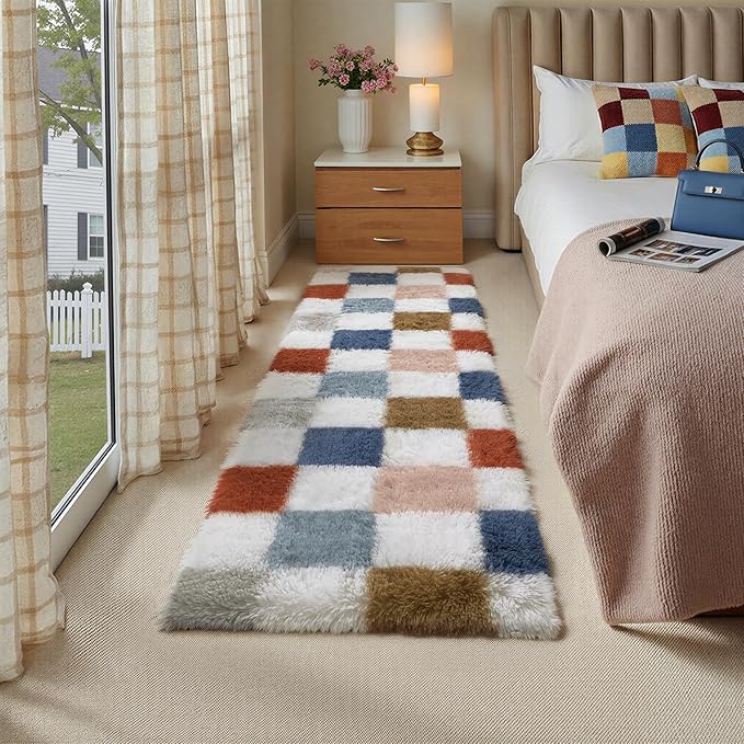 Checkered Area Rug 2x6 for Bedroom, Modern Rainbow Shag Rug Super Soft Runner Carpet Washable Fluffy Rugs for Living Room Bedside Sofa Home Dorm Decor Aesthetic