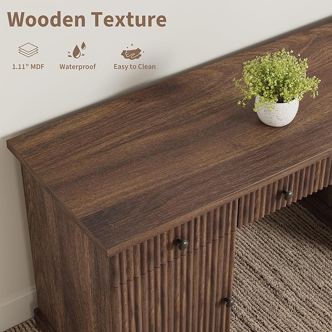 Garvee 60" Office Desk with Storage & Drawers. Fluted Wood Computer Desk with Power Outlet & Adjustable Shelves.Modern Executive Desk for Home Office/Bedroom/Gaming-Brown