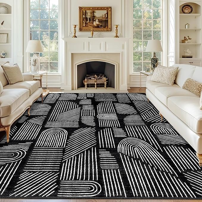 MUJOO 8x10 Washable Area Rug,Mid Century Modern Abstract Non Slip Low Pile Rug,Black and White Large Rug for Living Room Bedroom Dining Room