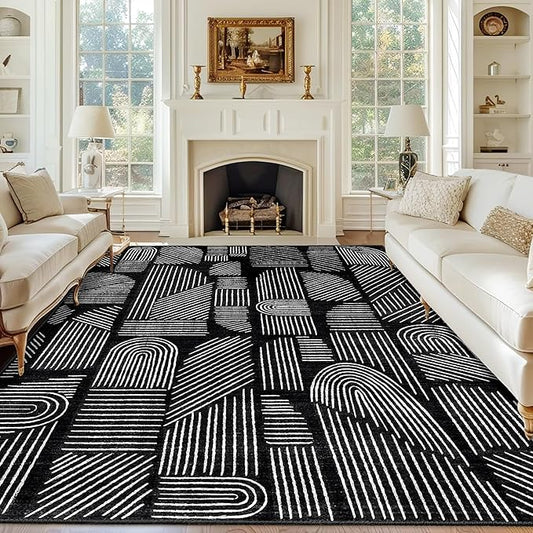 MUJOO 8x10 Washable Area Rug,Mid Century Modern Abstract Non Slip Low Pile Rug,Black and White Large Rug for Living Room Bedroom Dining Room