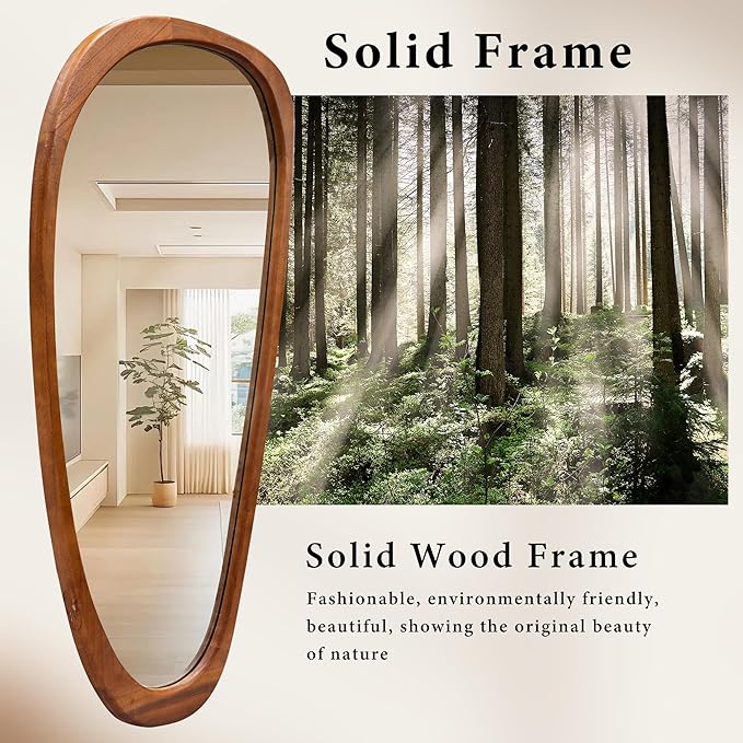 22‘’x48'' Asymmetrical Mirror with Wood Frame, Small Irregular Wall Odd Shaped Mid Century Modern Mirror Christmas Decor for Bedroom Living Room Entryway Hall (Wood)
