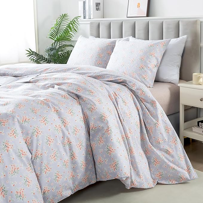HoneiLife Wildflower Duvet Cover King - 100% Cotton Comforter Cover Sets, 3-PC Floral Duvet Cover Sets, Botanical Bedlinen Set with Zipper Closure & Corner Ties