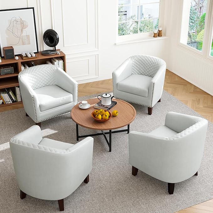 Accent Barrel Chair, Upholstered Faux Leather Club Chair with Nailed Trim, Comfy Reading Armchair for Living Room Bedroom Reception Room Office (White, Set of 4)