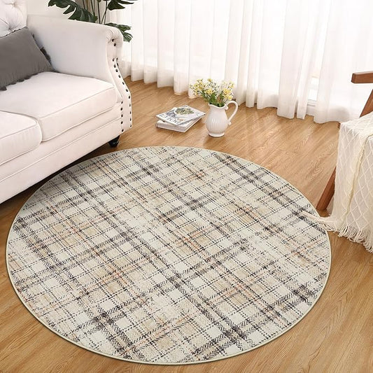 Tartan Plaid Round Rugs 6Ft Washable Area Rug for Playroom, Kids Non-Slip Neutral Classic Circle Rug Modern Large Carpet Soft Boys Rug for Classroom Dorm Bedroom, Beige