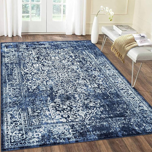vivorug 5x7 Area Rugs, Stain Resistant Washable Rug for Living Room, Vintage-Inspired (Navy Blue, 5'x7')