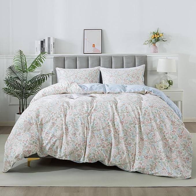 HoneiLife Wildflower Duvet Cover King - 100% Cotton Comforter Cover Sets, 3-PC Floral Botanical Bedlinen Set, Botanical Duvet Cover with Zipper Closure & Corner Ties
