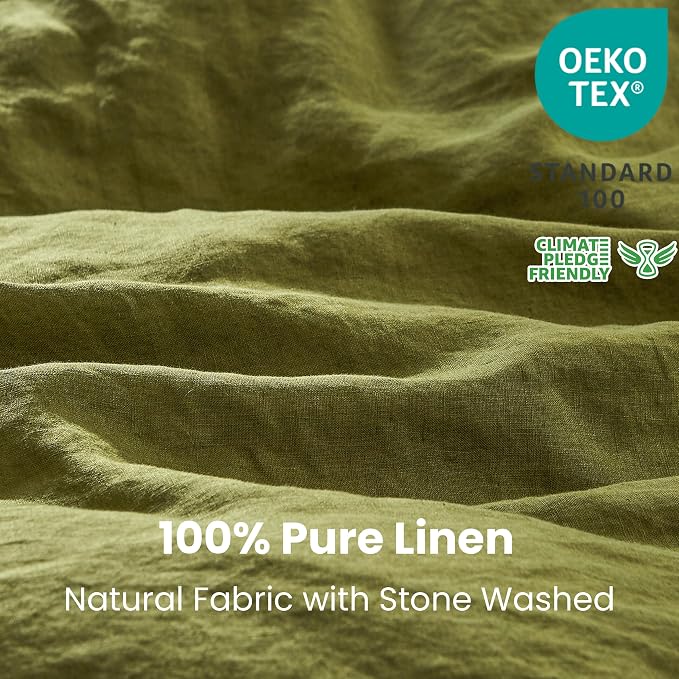 Simple&Opulence 100% Linen Duvet Cover Set 2pcs with Coconut Button Closure Natural French Washed Flax Solid Color Soft Breathable Farmhouse Bedding - Olive Green, Twin Size