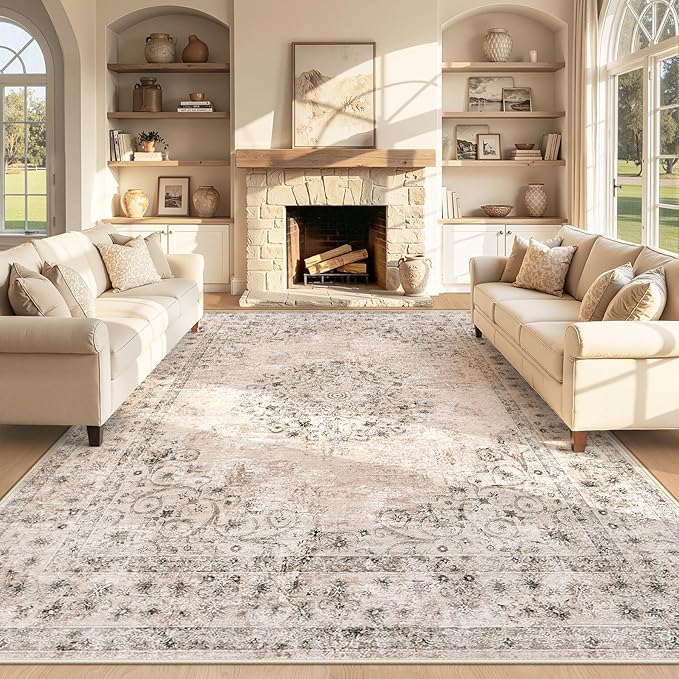 Area Rug 8x10 Vintage Rug: Large Washable Indoor Medallion Rugs Low Pile Distressed Floor Carpet Retro Accent Rug for Living Room Bedroom Kitchen Dining Table Home Office(Distressed Brown, 8'x10')
