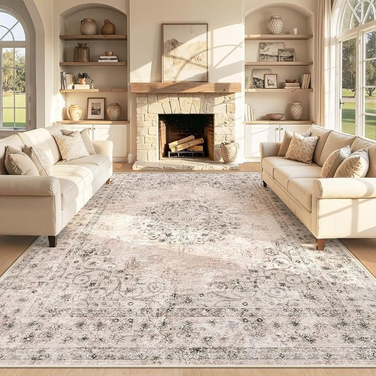 Area Rug 8x10 Vintage Rug: Large Washable Indoor Medallion Rugs Low Pile Distressed Floor Carpet Retro Accent Rug for Living Room Bedroom Kitchen Dining Table Home Office(Distressed Brown, 8'x10')