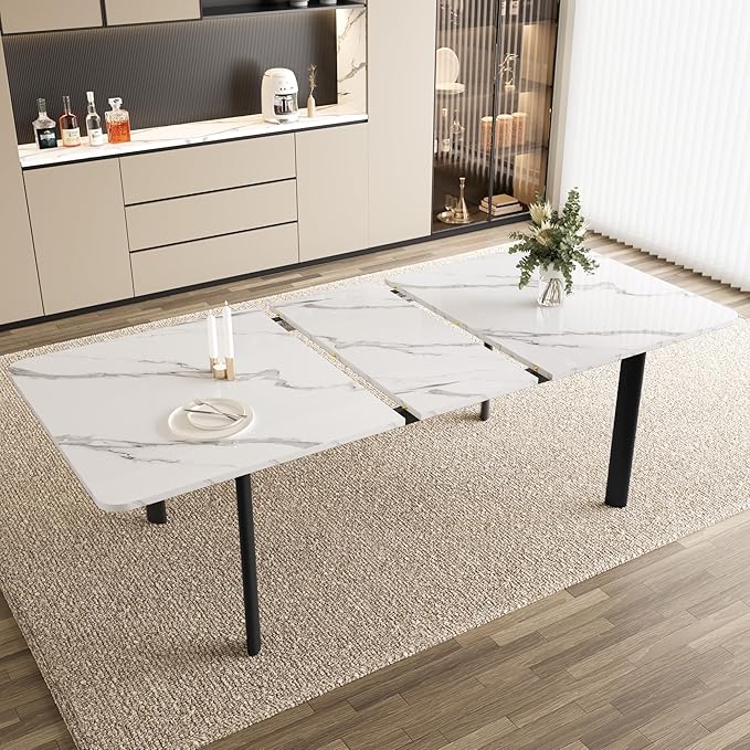Extendable Dining Table for 6-8 People, 63 to 78.7 Inch Rectangular Table, White MDF with Sturdy Metal Legs, Space-Saving for Dining Room, Kitchen, Small Spaces