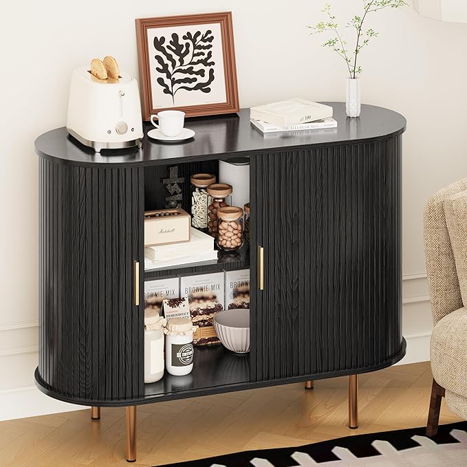 DHH Sideboard Buffet Cabinet with Storage,Mid Century Modern Fluted Accent Coffee Bar Console Table,Tambour Sliding Doors& Adjustable Shelf for Kitchen, Living Room, Entryway (Black, 40 Inch)