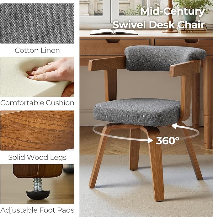 Art Leon Office Chair No Wheels - Mid Century Modern Desk Chair, Fabric Upholstered Accent Arm Chair with Wood Legs for Small Spaces Home Office Living Room Bedroom Study, Off White/Walnut