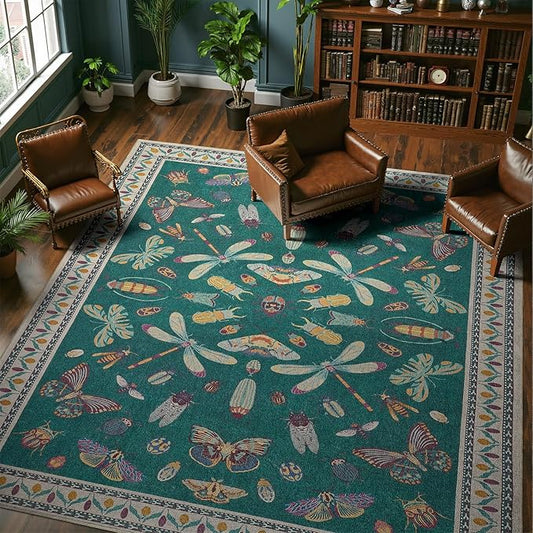 DCX 6x9 Washable Insect Rug, Vintage Gothic Deep Teal Rug with Non-Slip Rubber Backing, Soft Low-Pile, Stain-Resistant, Kid & Pet Friendly, for Living Room, Bedroom, Office, and Nature-Themed Decor
