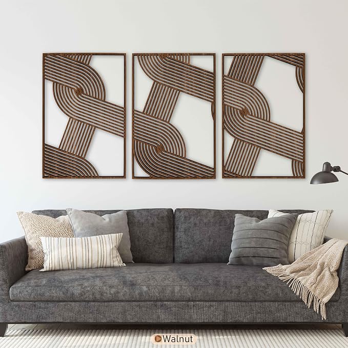 Minimalist Woven Wooden Wall Decor Set of 3, Abstract Large Overlapping Geometric Stripe Wood Wall Art, Mid-Century Modern Home Gift for Living Room and Bedroom