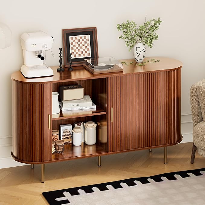 DHH Sideboard Buffet Cabinet with Storage,Mid Century Modern Fluted Accent Coffee Bar Console Table,Tambour Sliding Doors& Adjustable Shelf for Kitchen, Living Room, Entryway(Walnut,55 Inch)