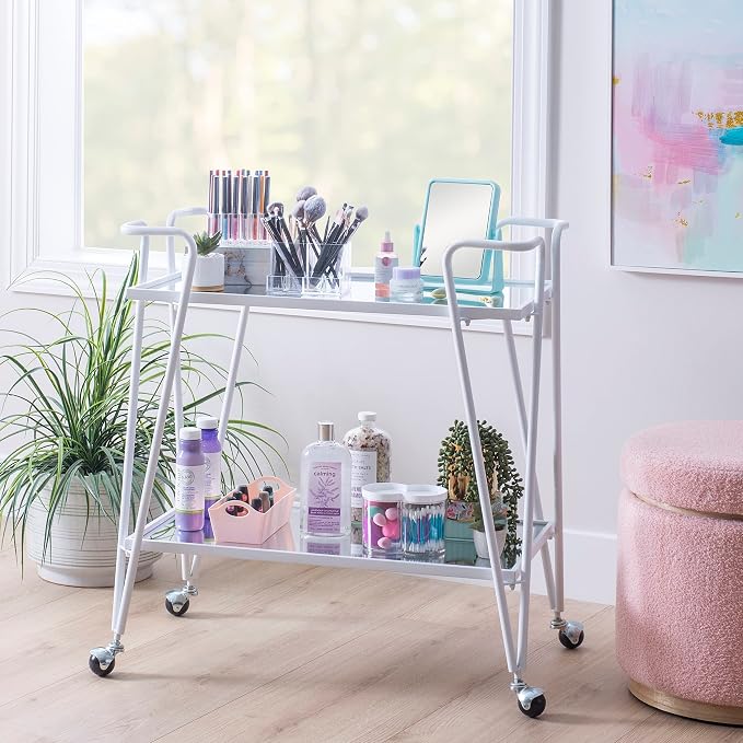 Linon Gina White Mid-Century Bar Cart with Mirrored Shelves and Locking Wheels