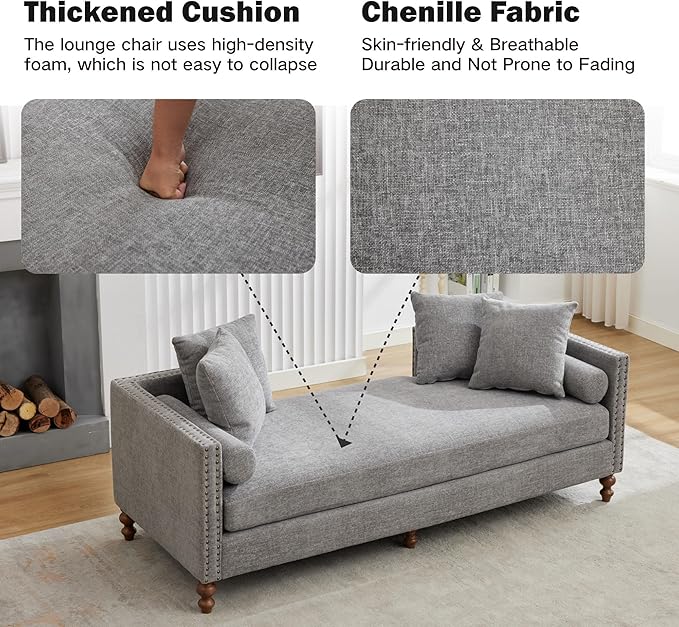 Chifee & Vingol 75.2" W Retro Oversized Chaise Lounge Chair Indoor with Left & Right Armrest,6 Pillows,Solid Wood Legs,Gray