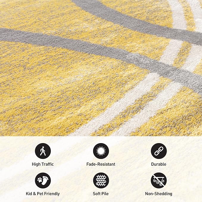 Rugshop Wavy Circles Design Round Rug, Fade-Resistant Carpet for Living Room, Dining Area, or Office, Yellow, 6'6" Round