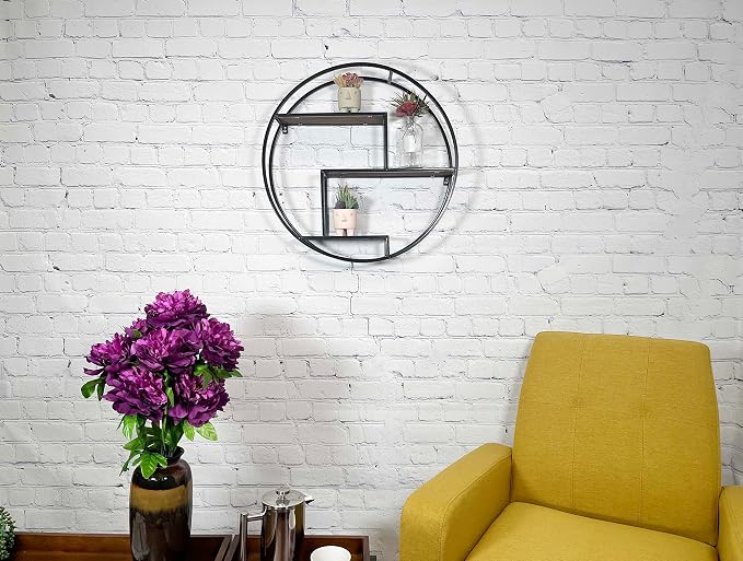 Admired By Nature, 23" Mounted Iron Circle Hanging Storage Shelving Floating Shelf 3 Tier Floating Circular Wall Decor Round Decorative Hanging Shelves, Sphere Shape Wall Shelf For Home, Black, 1 unit