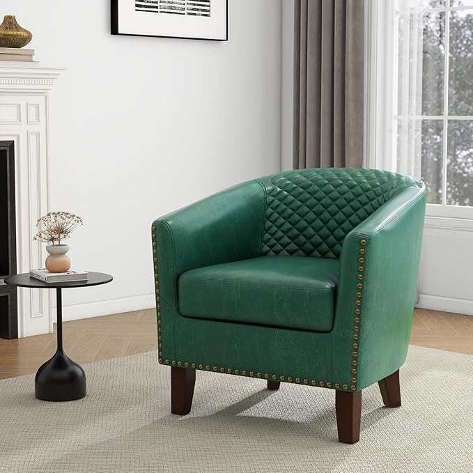 UIXE Faux Leather Barrel Accent Chairs Set of 2, Modern Club Upholstered Arm Chair, Comfy Armchair Nailed Trim Living Room Single Sofa Reading Seat Bedroom Side Sitting for Office, Green