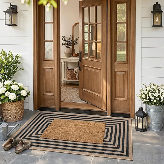 Lahome Enfys Modern Geometric Easy Jute Outdoor Rug, 3x5 Black Washable Kitchen Rugs for Bedroom Thin Non Slip Indoor Door Mat, Non Slip Farmhouse Carpet for Office Patio