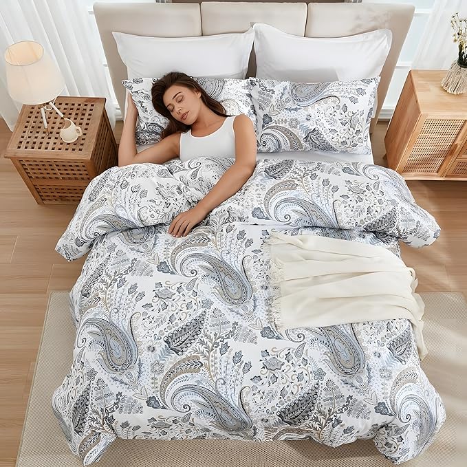 Paisley Duvet Cover Twin Size 100% Cotton Bedding Set Soft & Breathable 2 Pcs Luxury Duvet Cover Sets with Zipper Closure All Season