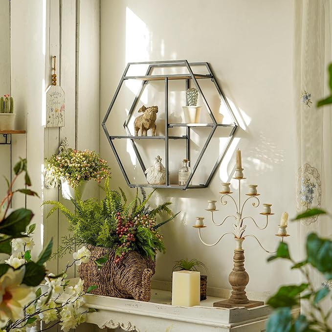 Industrial Style Hexagon-Shaped Wall Shelves, 3 Tier Decorative Floating Ledge Shelves, Wall Mounted Metal Bracket Wooden Display Hanging Shelf