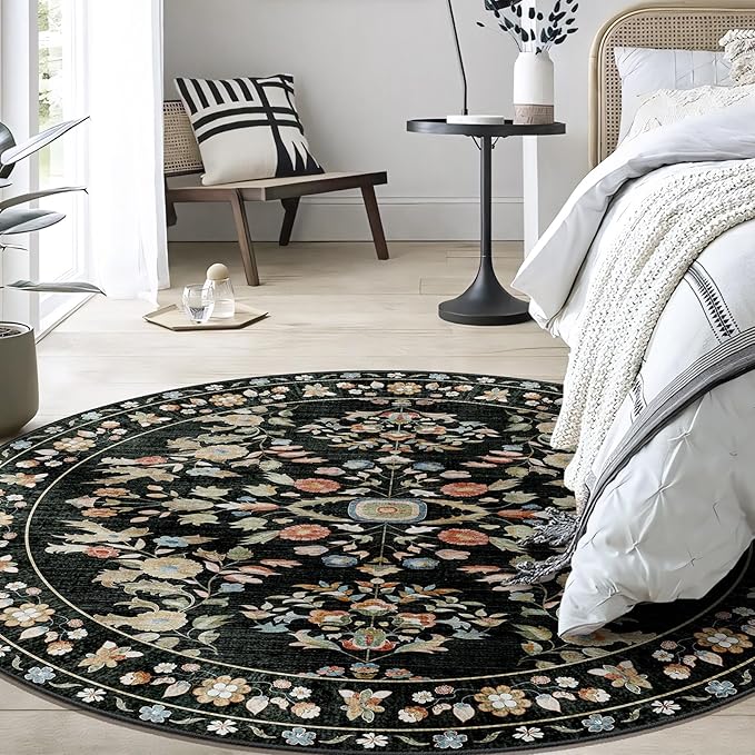 MUJOO Round Rug 5ft,Black Circle Area Rug Washable,Circular Rugs for Bedroom Living Room,Boho Non Slip Throw Carpet Vintage Floral