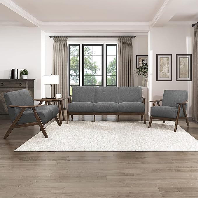 Lexicon Mid Century Modern Accent Chair with Solid Wood Frame in Walnut Finish, Upholstered Living Room Lounge Arm Chair, Thick and Comfy Innerspring Seat Cushion, Linen-Look Fabric, Gray