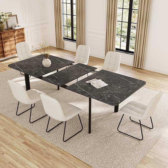 Extendable Dining Table Set for 6-8 People, 63 to 78.7 Inch MDF Kitchen Table with 6 Faux Leather Dining Chairs, Space-Saving for Dining Room, Breakfast Nook (Dark Grey Table & 6 White Leather Chairs)