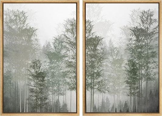 MUDECOR Framed Canvas Print Wall Art Pastel Watercolor Misty Fog Forest Tree Wilderness Nature Illustrations Modern Art Decorative Calm/Relax Multicolor Rustic Minimal for Bedroom - 16"x24"x2 Natural