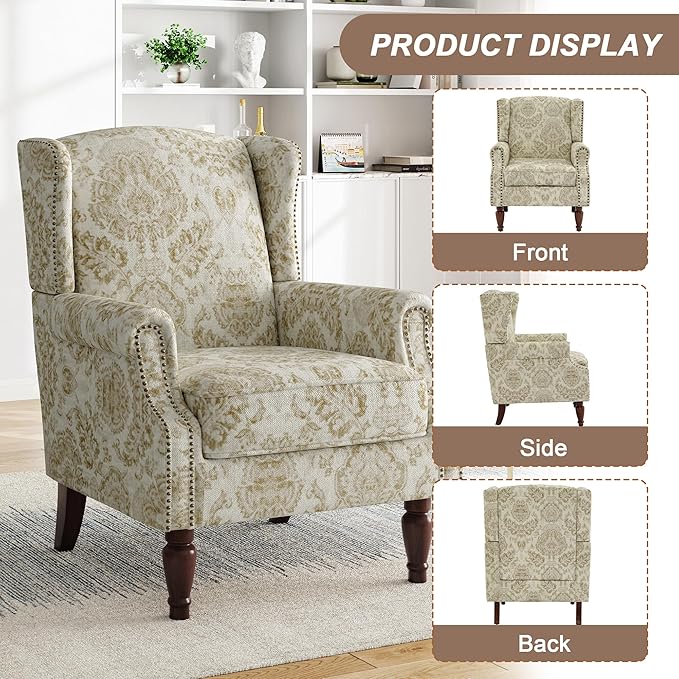 Pia Ricco Set of 2 Floral Accent Chairs, High Back Upholstered Armchairs with Retro Wingback Design, Nailhead Trim & Solid Wood Legs for Living Room Bedroom Home Office(Flower White)