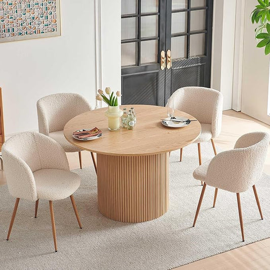 5 Piece Modern Round Dining Table and 4 Off White Barrel Kitchen Chairs Set, 47" Kitchen Table Wooden with Oak Veneer Tabletop, Faux Fur Sherpa Round Dining Chairs Table Set, Metal Frame