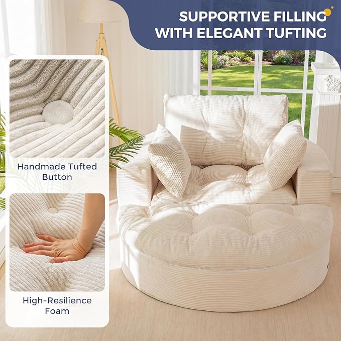 MAXYOYO Oversized Round Chaise Lounge Sofa, Upholstered Lounge Chair with 3 Pillows, Boneless Sofa Couch with Ottoman, Deep Seat Chair for Living Room, Bedroom, No Assembly, Beige