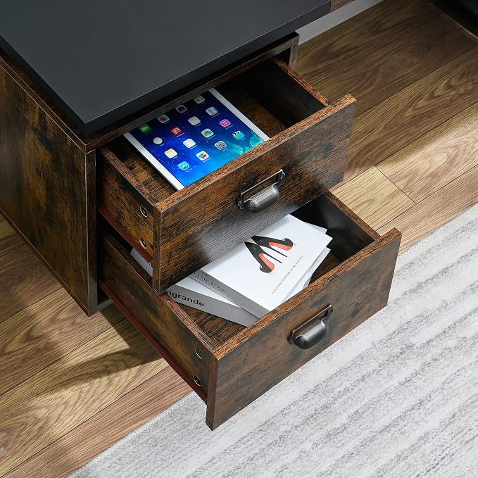 Computer Desk for Home Office with 4 Large Drawers, Rustic Wood Writing Study Table Metal Frame, 59” x 21.7” 29.5”, Color Block Desktop,Easy Assembly, Vintage and Black CTSZ20401CM
