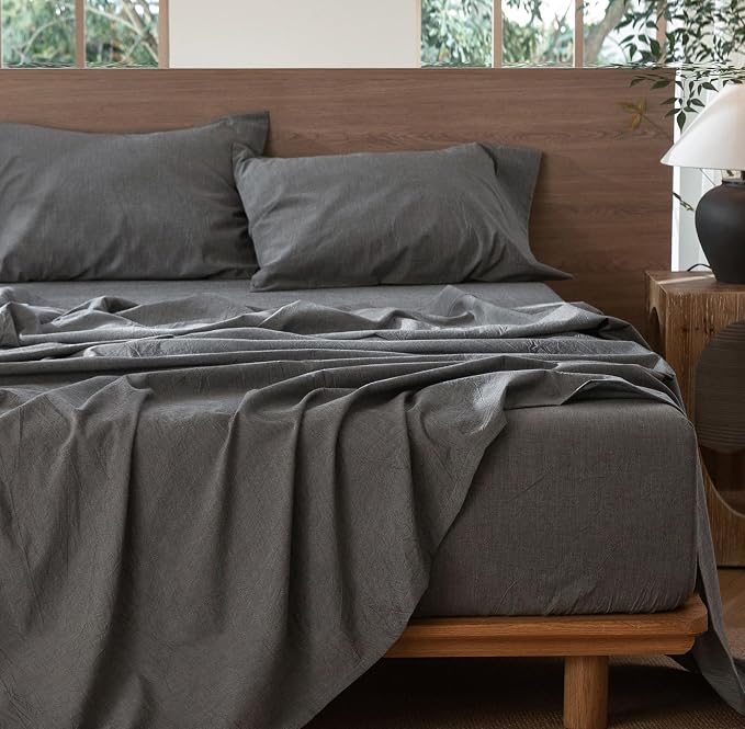 MooMee Bedding Sheet Set 100% Washed Cotton Linen Like Textured Breathable Durable Soft Comfy (Heathered Dark Grey, Twin)