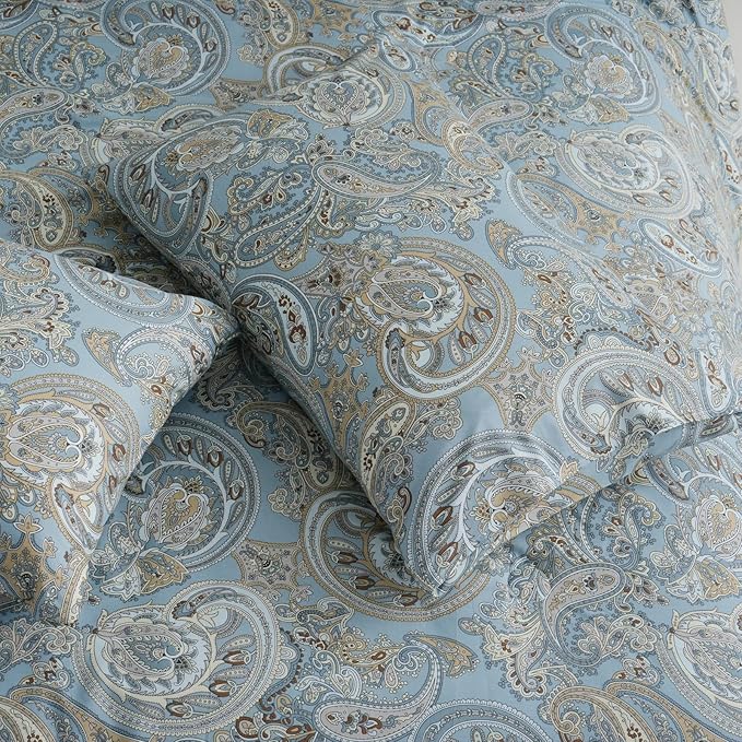 100% Cotton Duvet Cover Queen Size Blue Boho Paisley Pattern Duvet Cover Sets with Zipper Closure 3 Pcs Soft & Breathable Luxury Bedding Sets