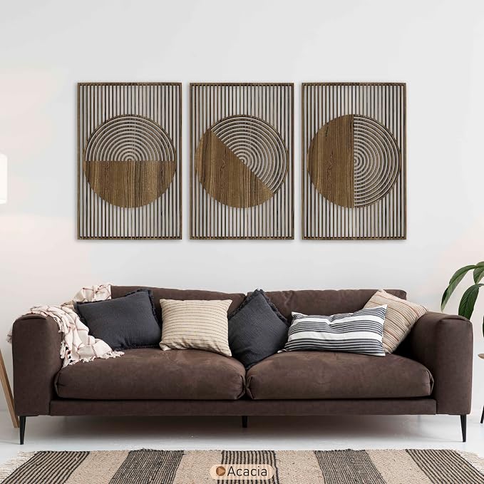 Living Room Wall Art featuring Boho Wood Wall Decor, Mid Century Modern Geometric Circle Wooden Wall Art, Set of 3 Decorative Wall Panels Gift for Bedroom