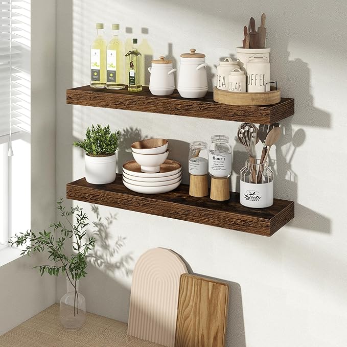 24 Inch Floating Shelves for Wall 2 Pack, 24" Wall Shelves for Books, Storage, Decor, Wall Mounted Floating Shelf with Invisible Brackets for Kitchen, Living Room, Brown