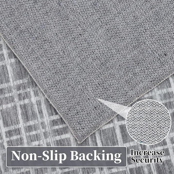 Washable Runner Rug for Entryway 2x6 Modern Plaid Non Slip Kitchen Rug Bathroom Rugs Grid Throw Rugs Soft Faux Wool Stain Resistant Carpet for Laundry Hallway Bedside 2'x6' Grey