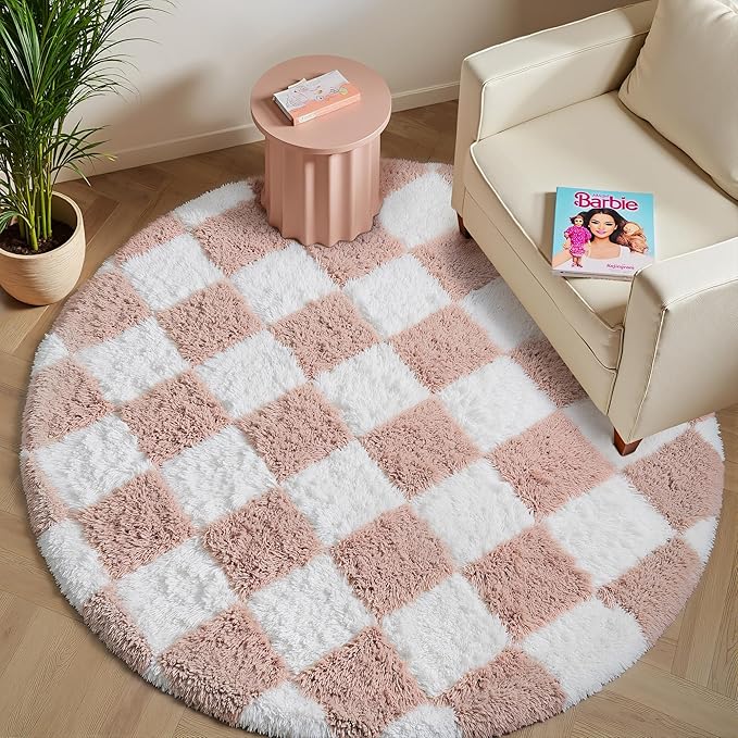 Checkered Rug 6x6 for Living Room, Pink and White Modern Shag Super Soft Washable Fluffy Rugs Indoor Fuzzy Carpet for Bedroom Home Dorm Aesthetic Decor