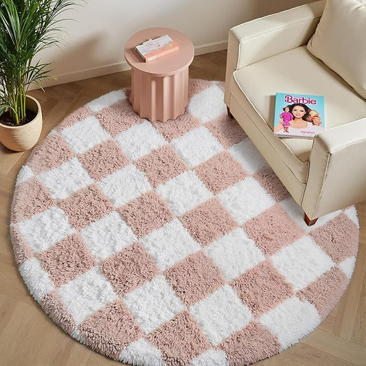 Checkered Rug 6x6 for Living Room, Pink and White Modern Shag Super Soft Washable Fluffy Rugs Indoor Fuzzy Carpet for Bedroom Home Dorm Aesthetic Decor