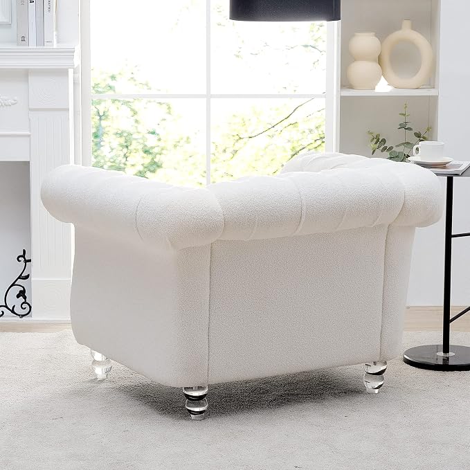 Yoglad Upholstered Accent Chair, Retro Style Armchair with Rolled Arms, Comfy Single Sofa with Wood Legs and Nailhead for Living Room, Bedroom, Apartment (White, 39", Teddy Fabric)