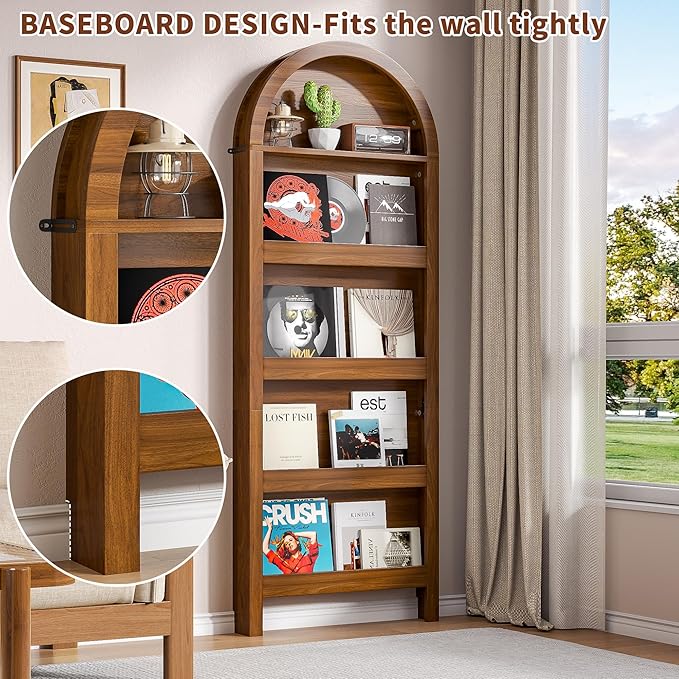 Narrow Tall Wall Mounted Bookshelf for Living Room Bedroom (Brown)